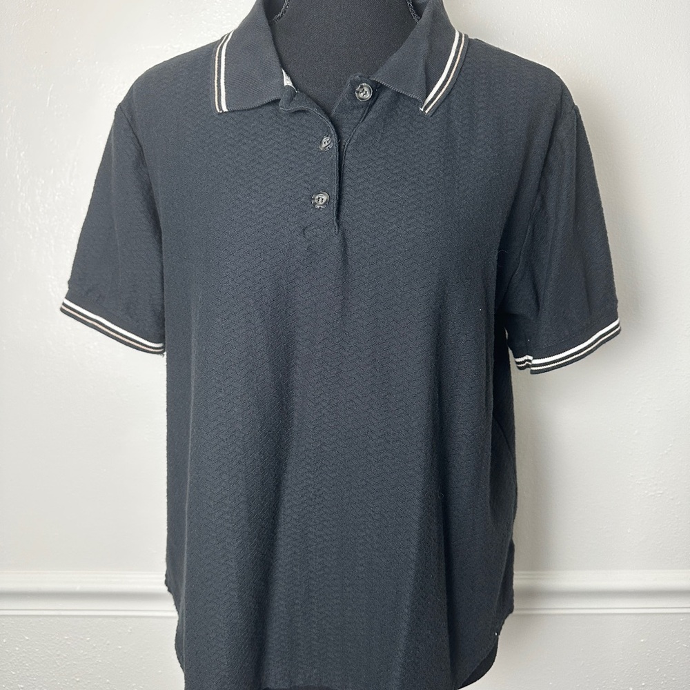 Liz Claiborne Black Polo Top with White Stripe Trim